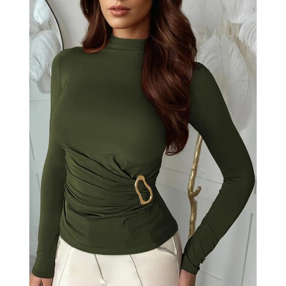 Women's Long Sleeve Mock Neck Shirt Ruched Button Detail Slim Fit Casual - Picture 2 of 7